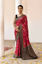Joban Fashion Fuchsia Crepe Chiffon Pure Handloom Banarasi Silk Saree | Grocsy