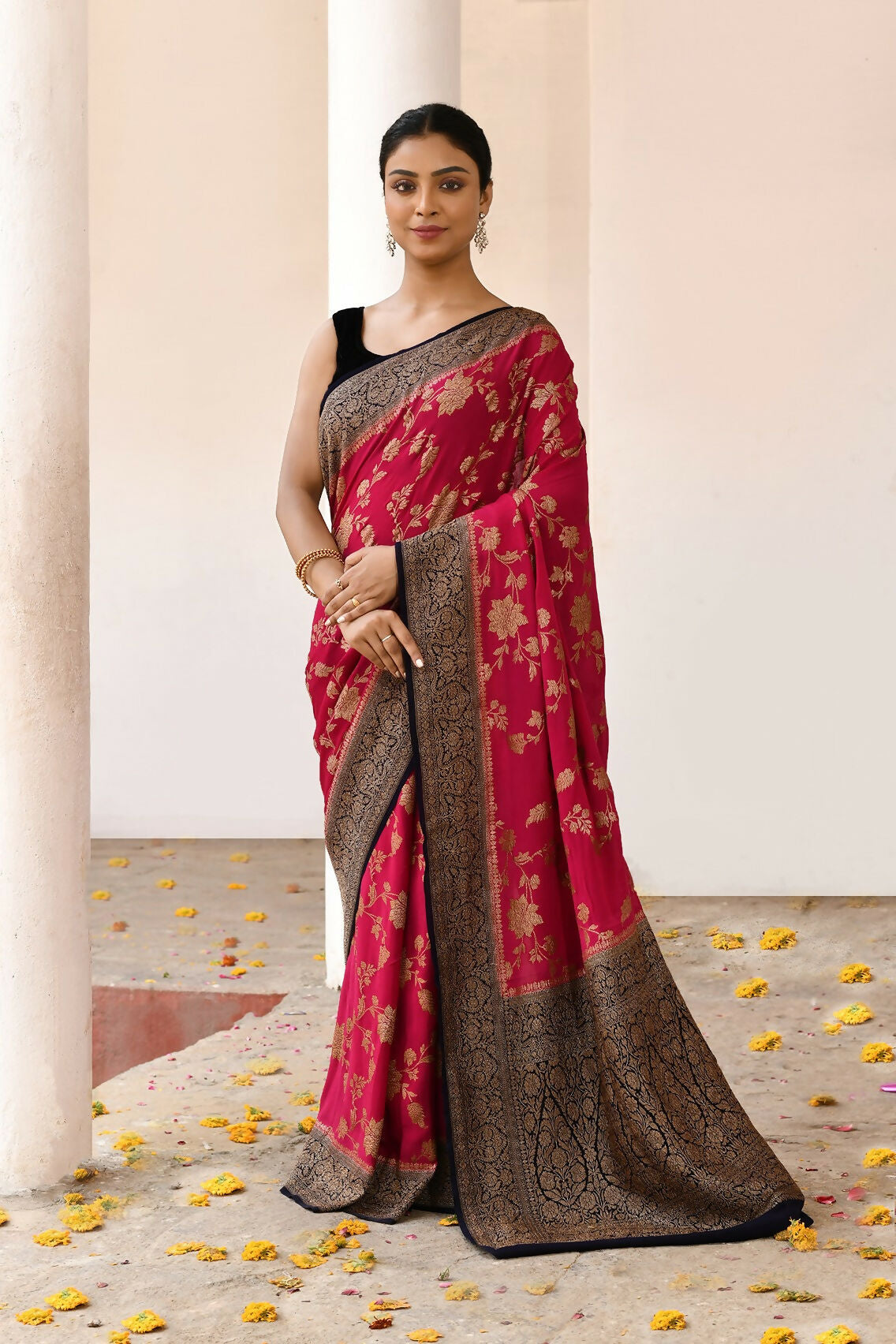 Joban Fashion Fuchsia Crepe Chiffon Pure Handloom Banarasi Silk Saree | Grocsy