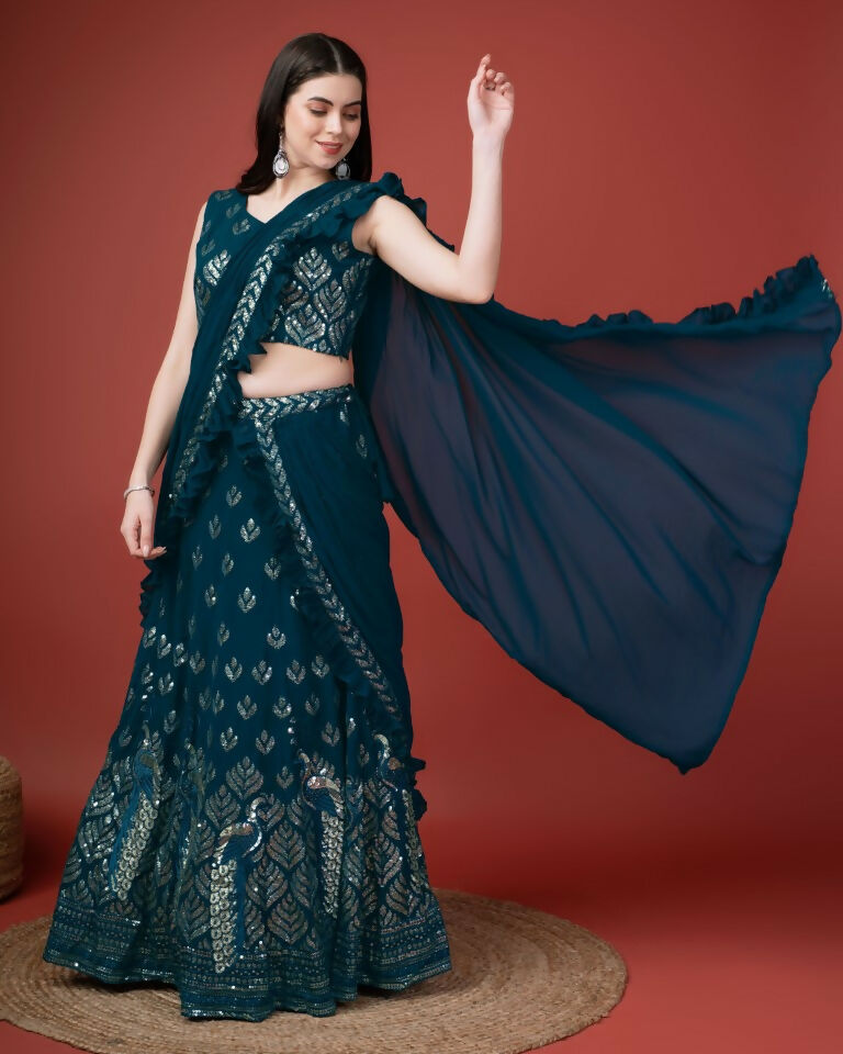 Teal Georgette Sequence Embroidered Lehenga Choli with Dupatta - Tanya | Grocsy