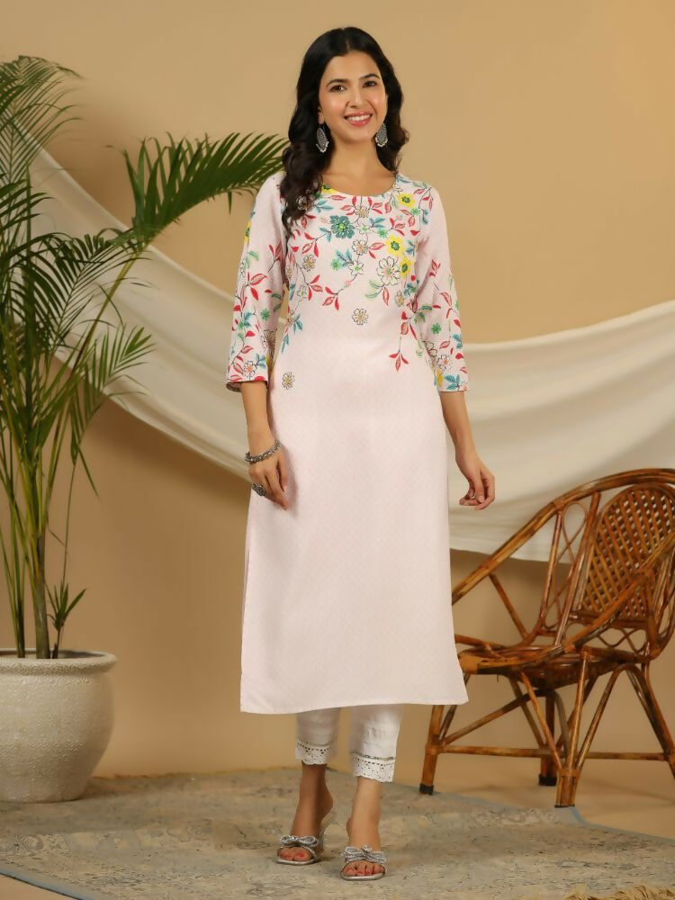 Juniper Pink Floral Printed Rayon Kurta With Sequins & Beads Work | Grocsy