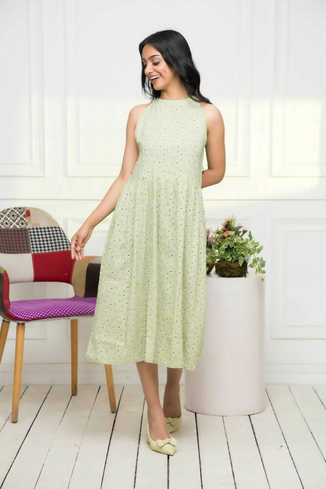 Myshka Women Ethnic Motifs Rayon A-Line Round Neck Green Dress | Grocsy