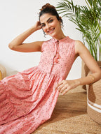 Janasya Peach Fit & Flare Cotton Dress | Grocsy
