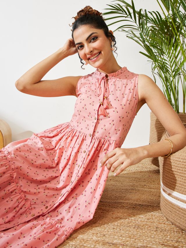 Janasya Peach Fit & Flare Cotton Dress | Grocsy