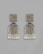 VOJ Black-Toned AD Studded Square Dome Shaped Jhumka Earrings