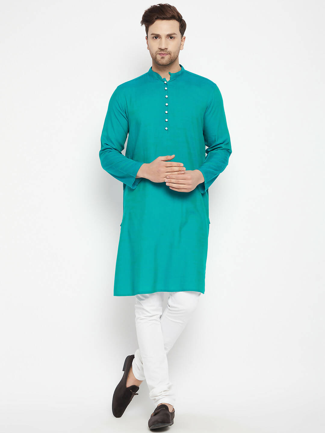 Even Apparels Green Viscose Long Men's Kurta With Band Collar | Grocsy