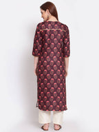 Myshka Women's Wine Printed Pashmeena 3/4 Sleeve Round Neck Casual Winter Kurta | Grocsy