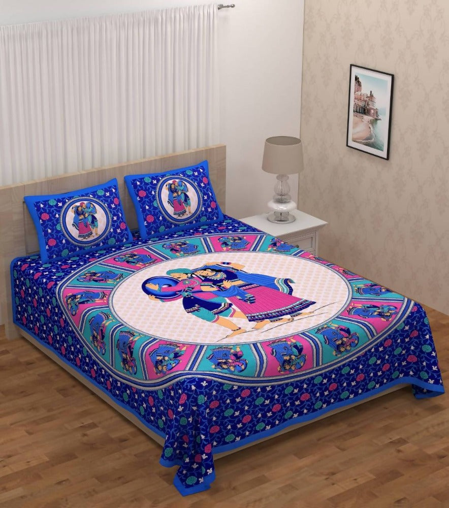 Vamika Printed Cotton Dafli Blue Bedsheet With Pillow Covers (PM Dafli Blue) | Grocsy