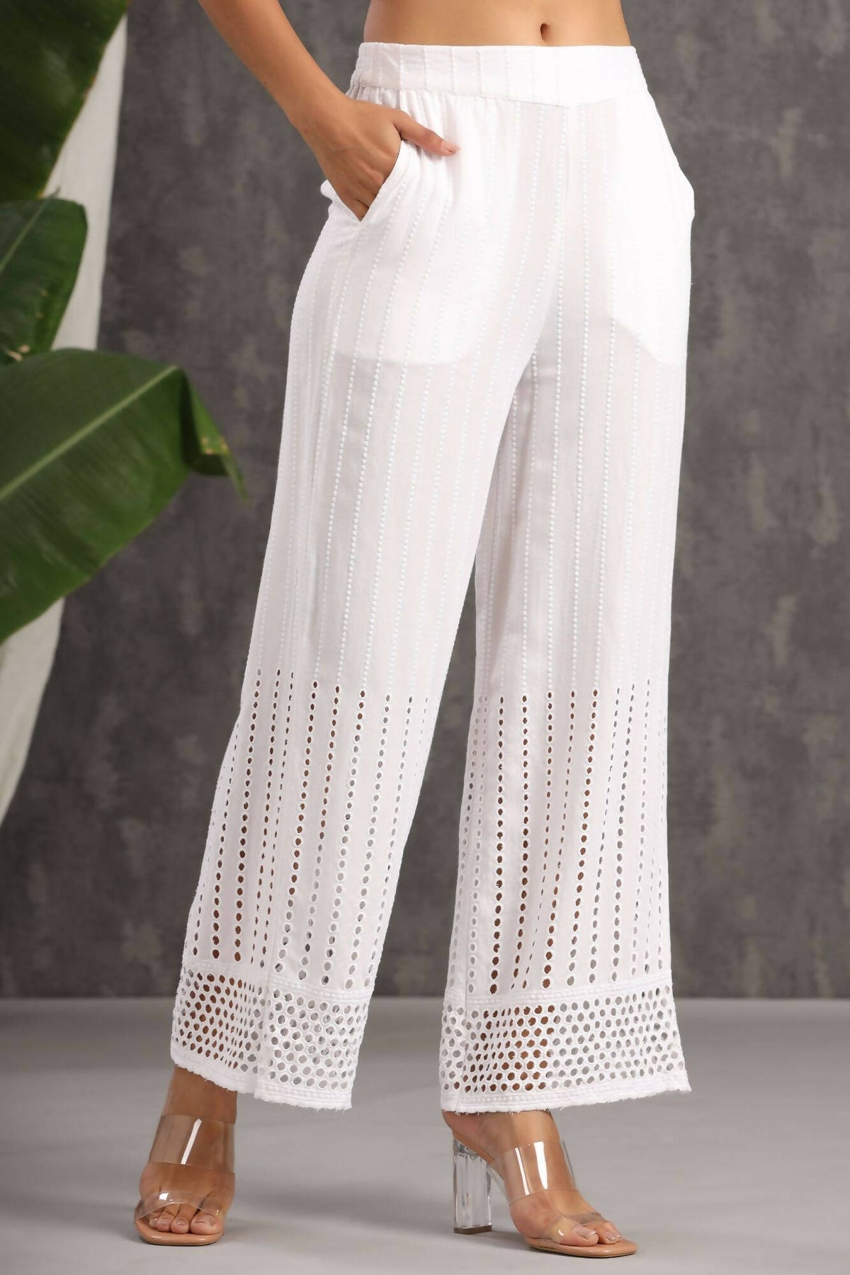 Juniper Women White Rayon Woven Design Flared Palazzo | Grocsy