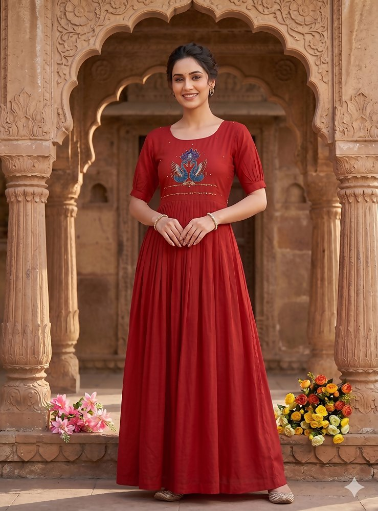 Teeya Creation Women's New Trendy Red Pleated Maxi Dress with Intricate Peacock Beadwork | Grocsy
