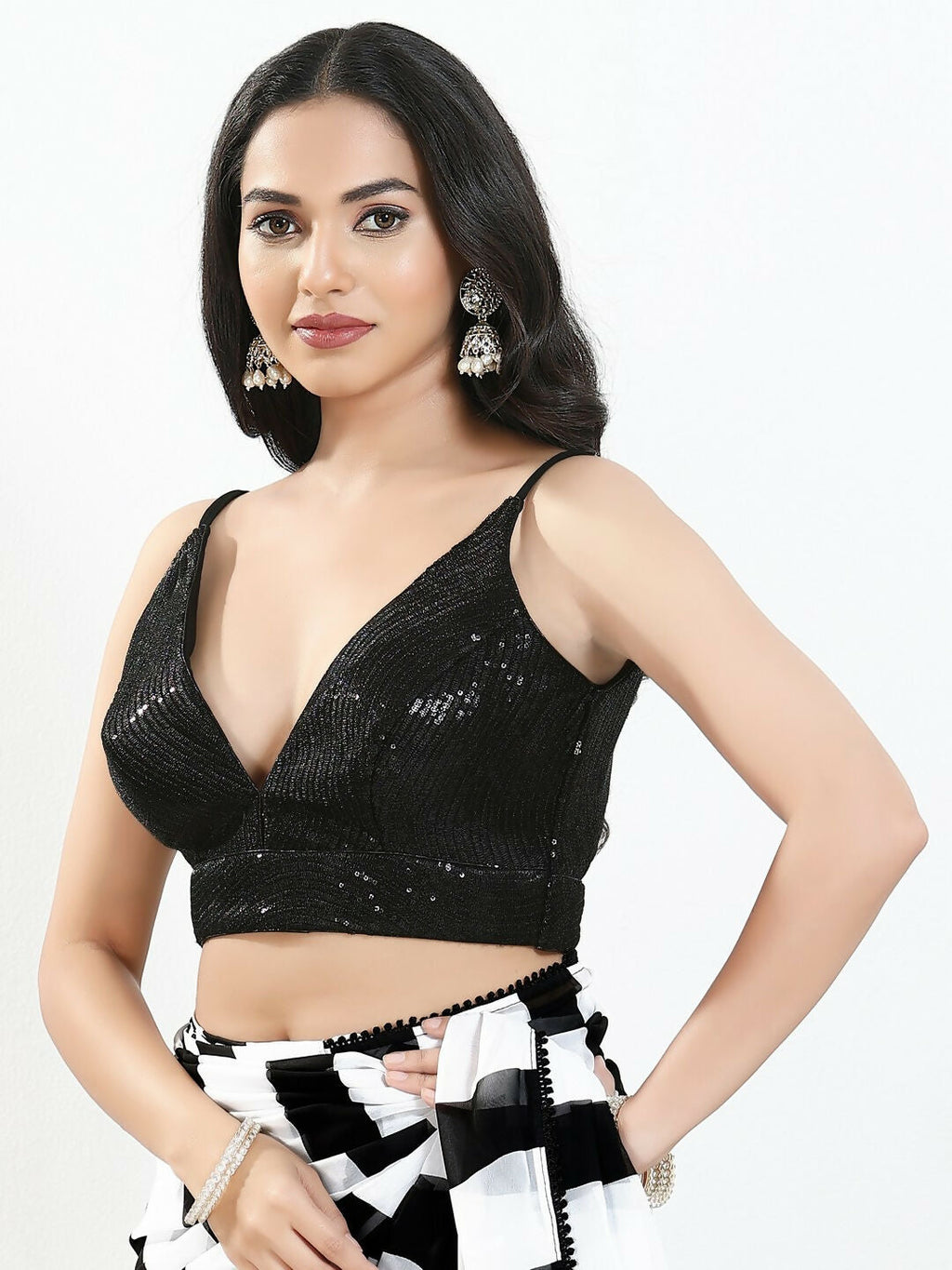 Joban Fashion Black Sequin Padded Blouse With V Neck Sleeveless | Grocsy