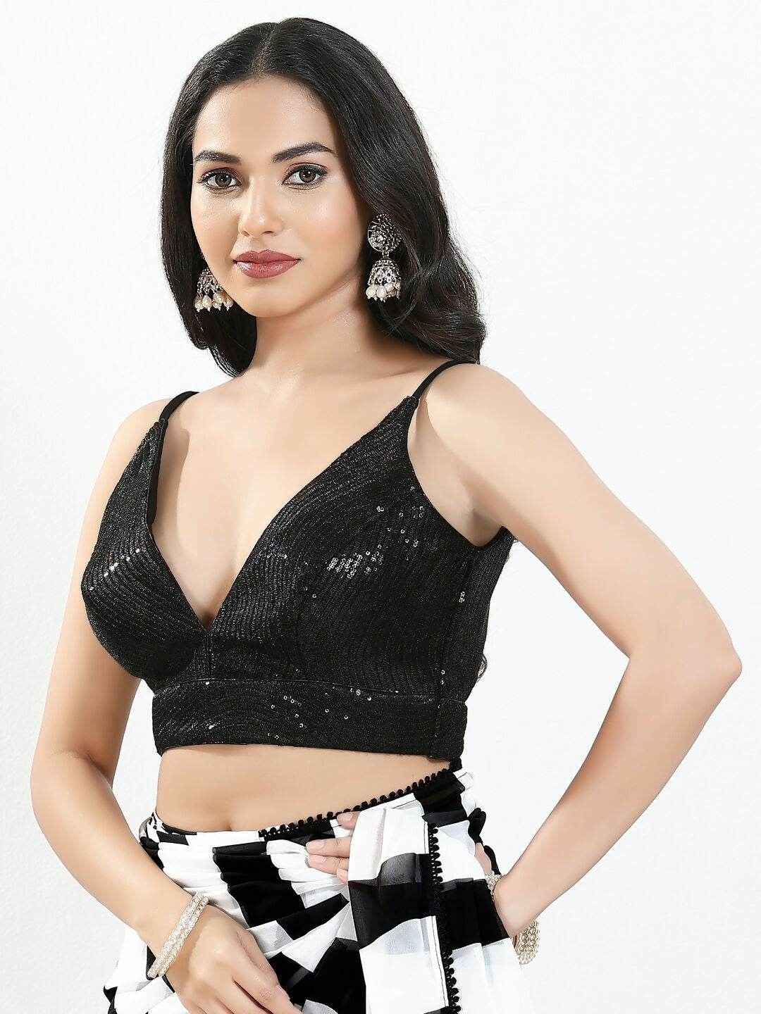 Joban Fashion Black Sequin Padded Blouse With V Neck Sleeveless | Grocsy