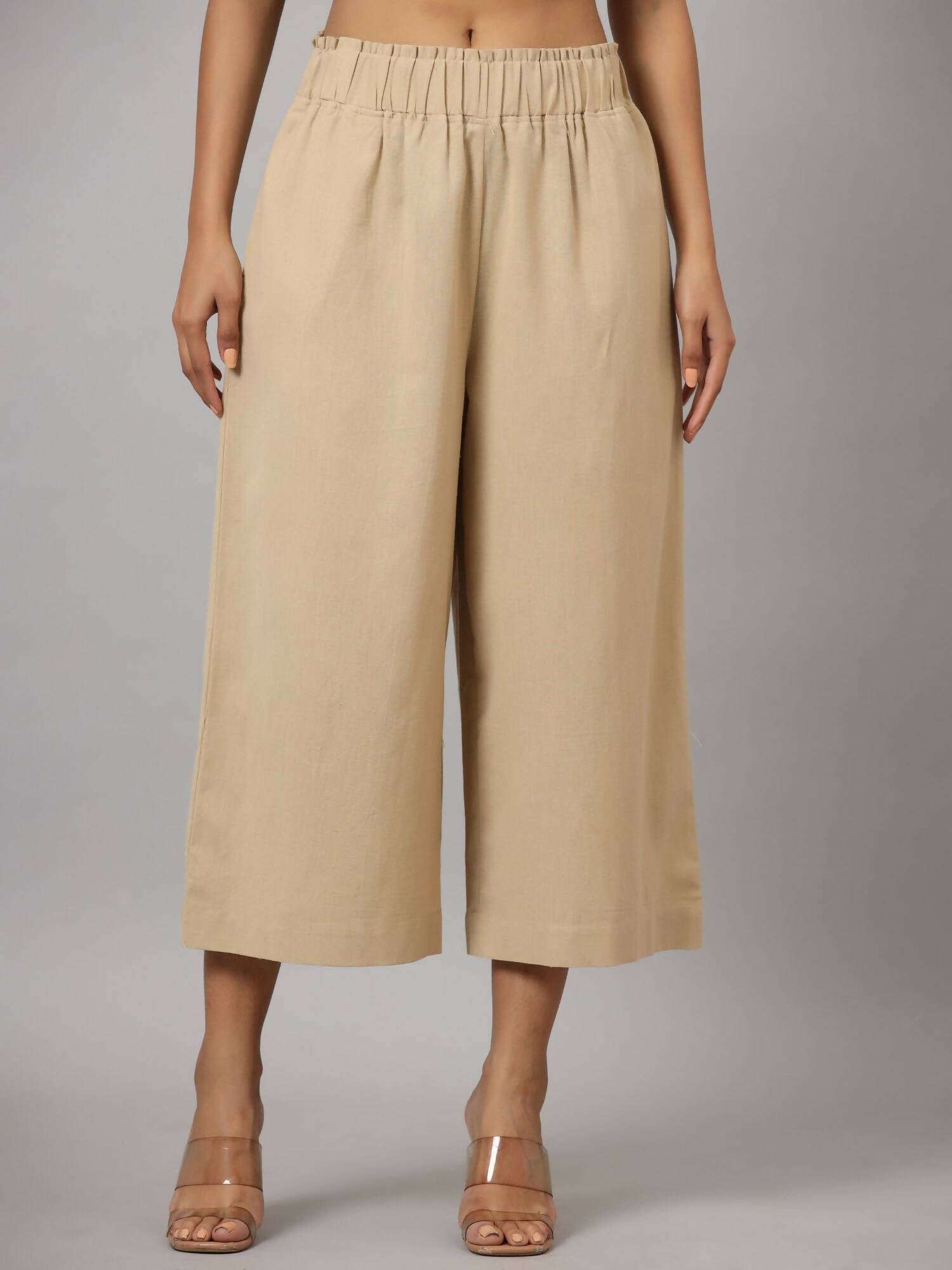 Juniper Women's Beige Cotton Flex Flared Culottes | Grocsy