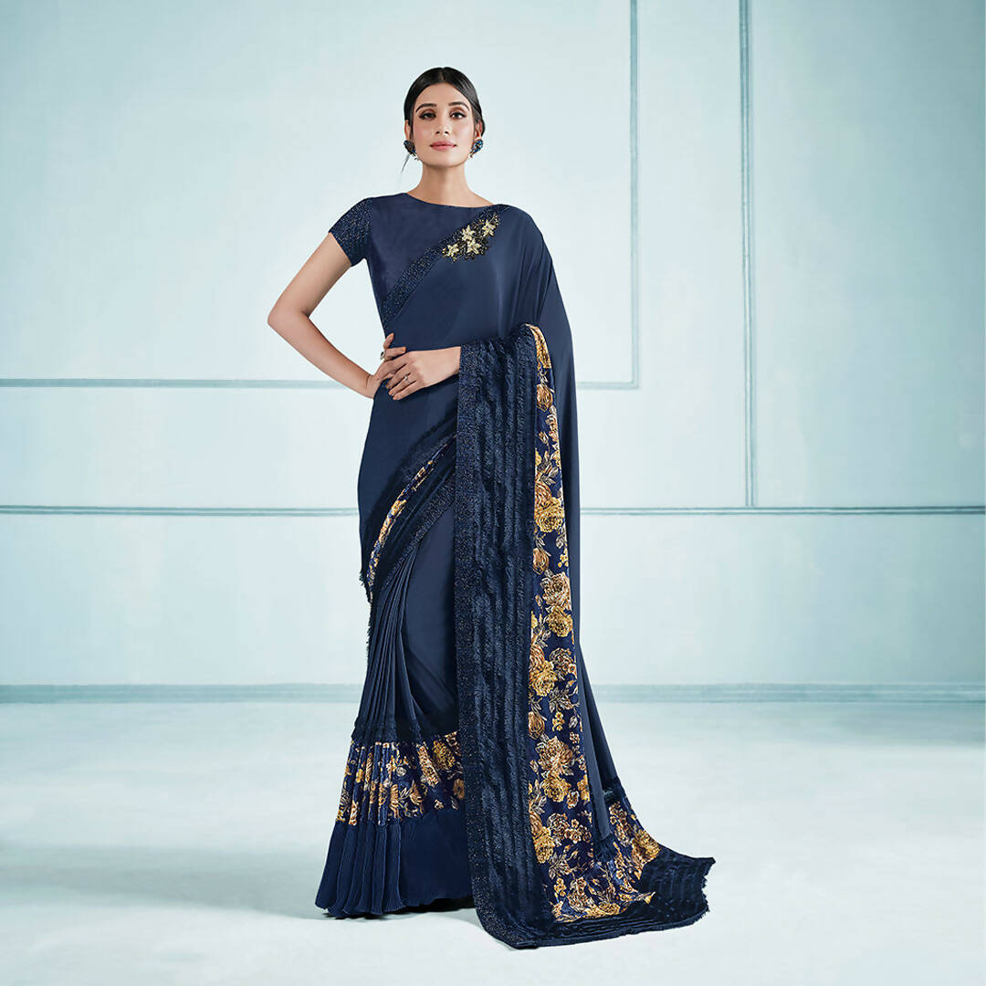 Blue Lycra sequence Saree with Unstitched Blouse Piece - Norita Elaura | Grocsy