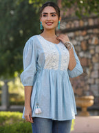 Juniper Women's Blue Cotton Dobby Solid With Embroidered Straight Tunic | Grocsy