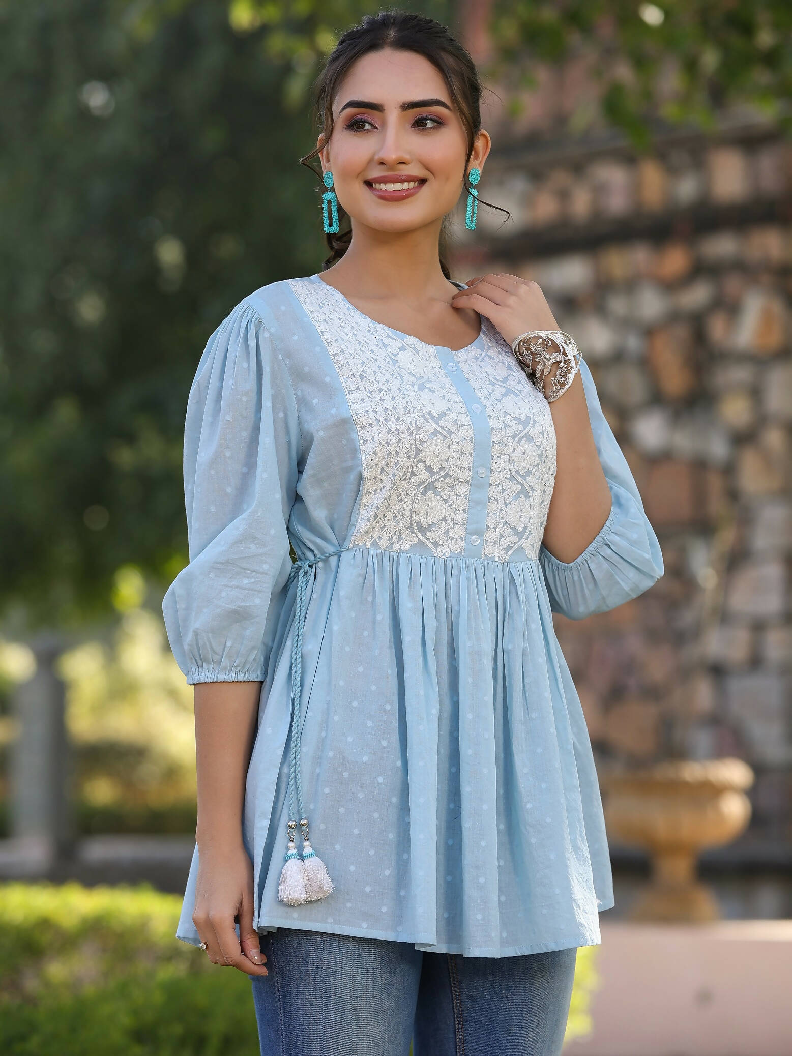 Juniper Women's Blue Cotton Dobby Solid With Embroidered Straight Tunic | Grocsy