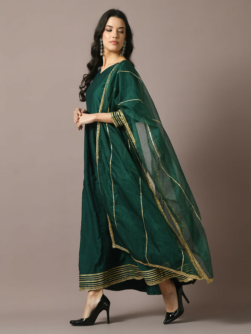 Myshka Women's Green Solid Silk Anarkali Party Kurta With Dupatta | Grocsy