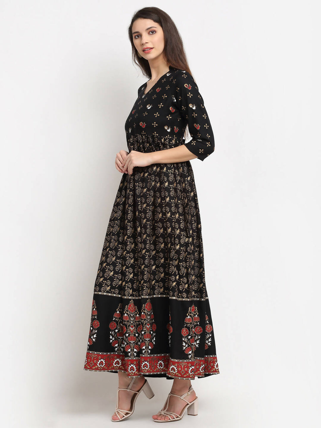 Rudra Bazaar Floral Printed A-Line Flared Black Kurti | Grocsy