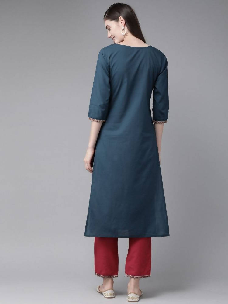 Yufta Navy Blue and Maroon Embroidered Kurta Palazzo Set | Grocsy