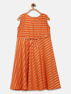 Ahalyaa Orange Crepe Gold Stripped Printed Kids Dress With Jacket For Girls | Grocsy