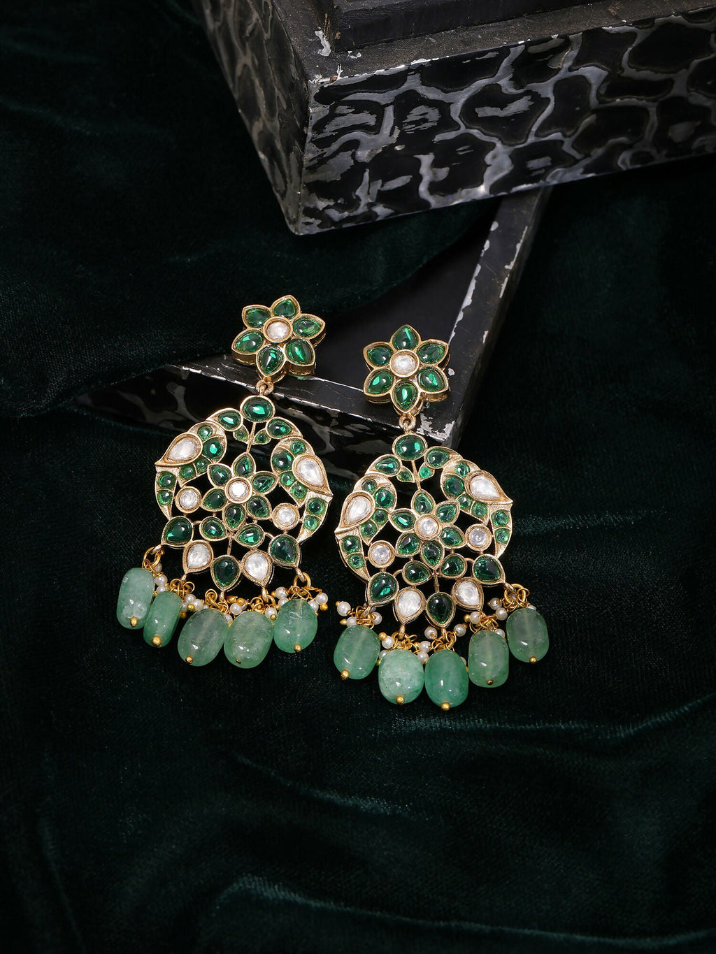 Ruby Raang Gold Polished Green Kundan Earrings | Grocsy
