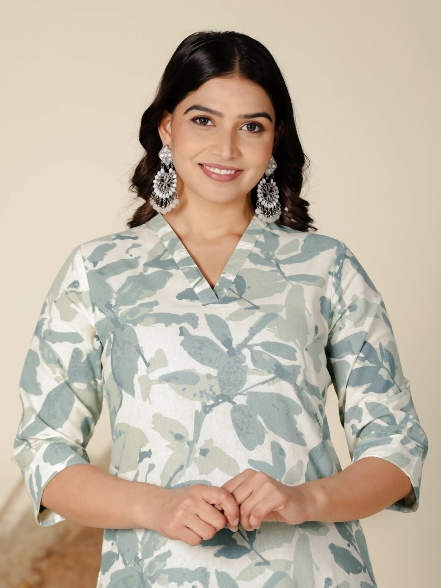 Aramya Green Linen Cotton Foliage Straight Kurta for Women | Grocsy
