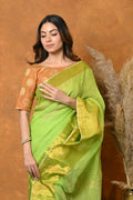 Very Much Indian Handloom Pure Cotton Linen Saree With Golden Border - Light Green | Grocsy
