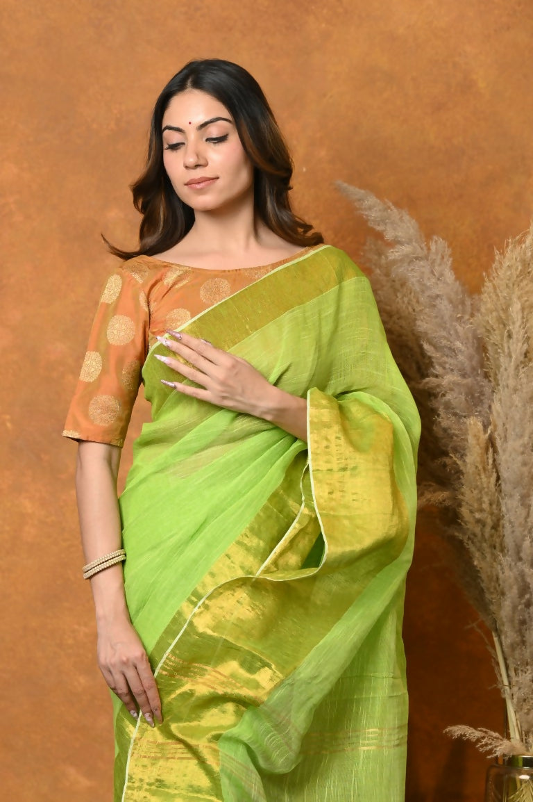 Very Much Indian Handloom Pure Cotton Linen Saree With Golden Border - Light Green | Grocsy