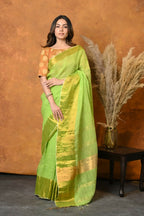 Very Much Indian Handloom Pure Cotton Linen Saree With Golden Border - Light Green | Grocsy