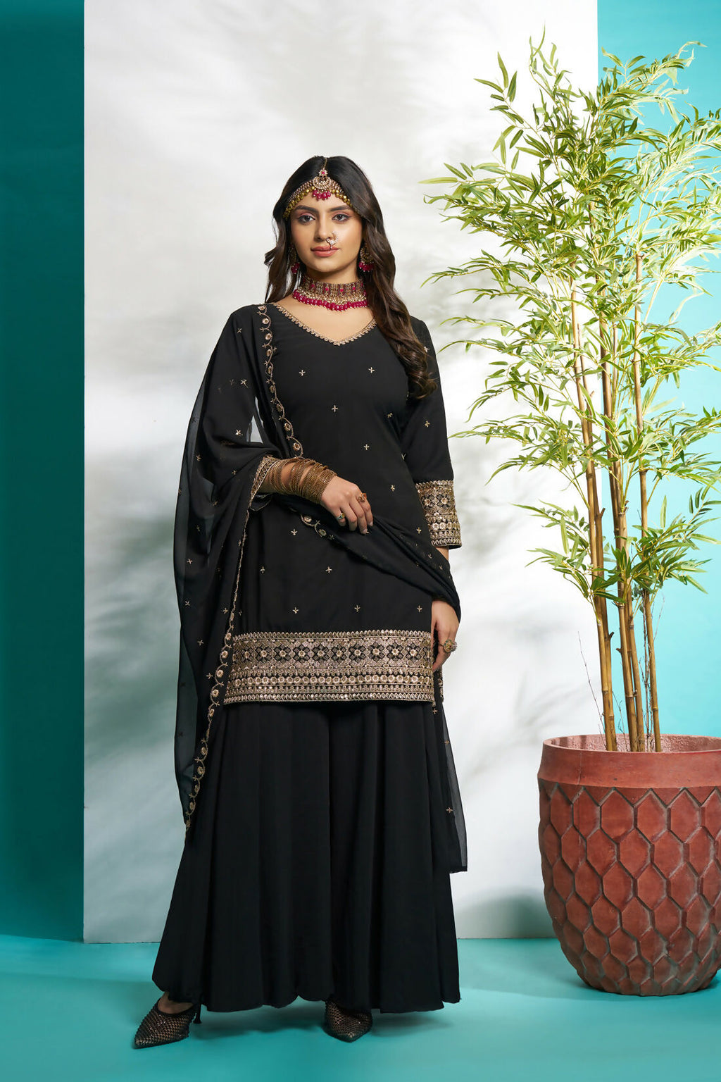 Aayaa Designer Faux Gorgette Embroidery Zari Sequins Thread work Full Flaired plazzo Suit with Dupatta - Black | Grocsy
