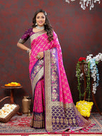 Lorenvalley Fashion Magenta & Wine Patola Silk Woven Design Meenakari Weaving Saree | Grocsy