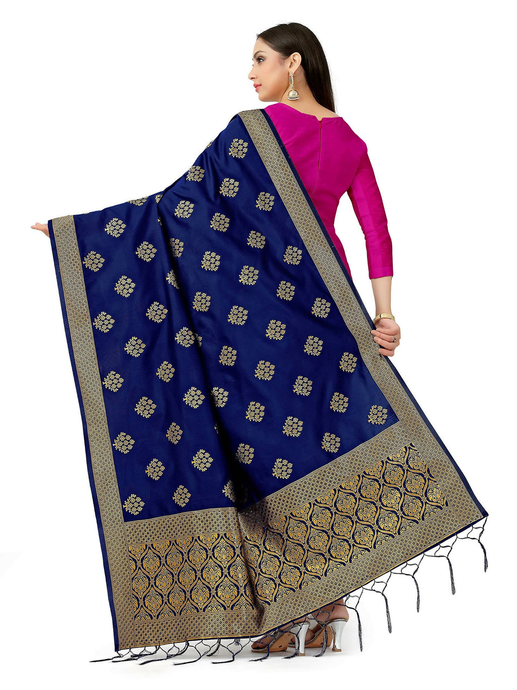 Mimosa Women's Floral Art Silk Navy Blue Dupatta | Grocsy