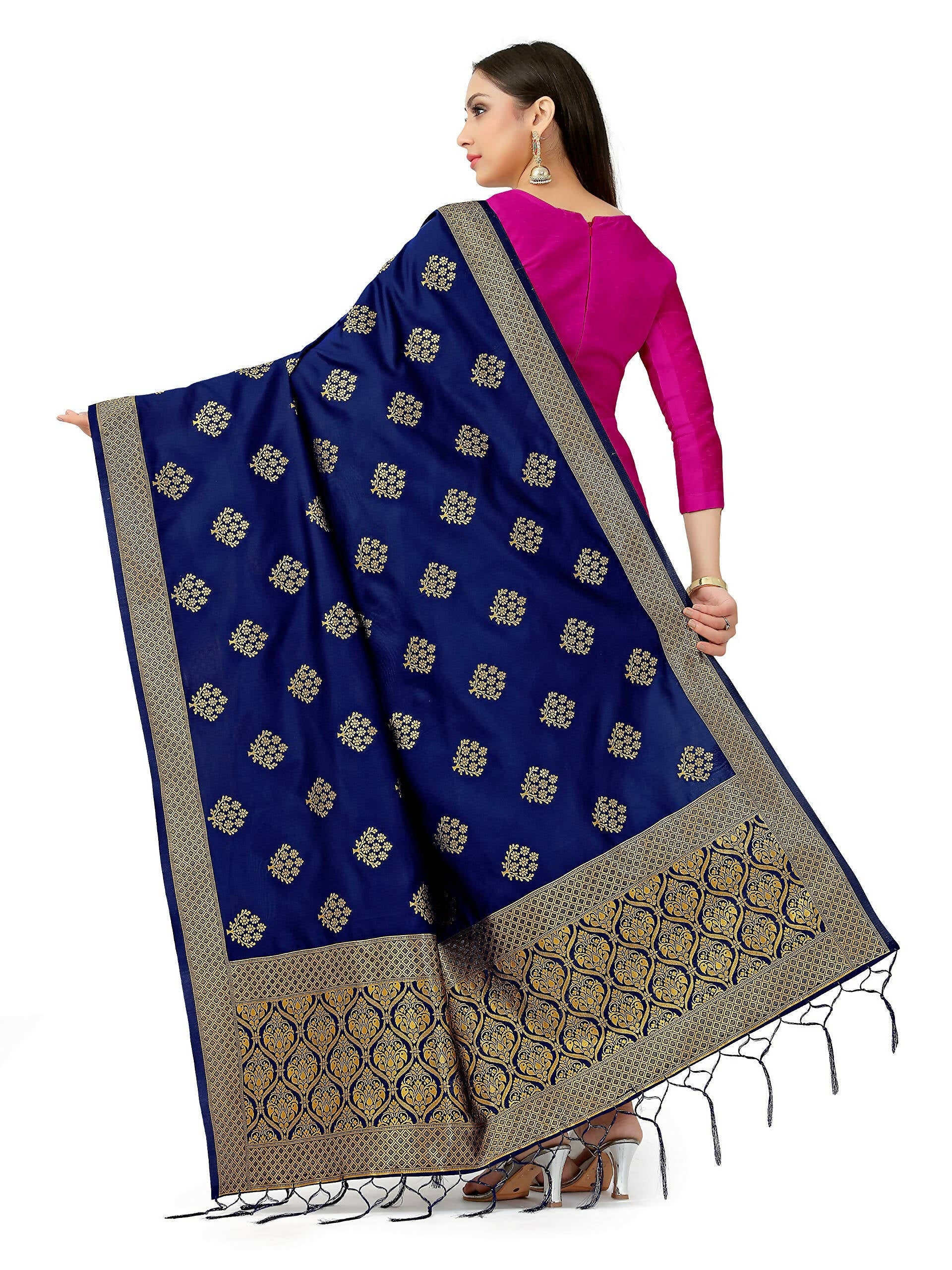 Mimosa Women's Floral Art Silk Navy Blue Dupatta | Grocsy