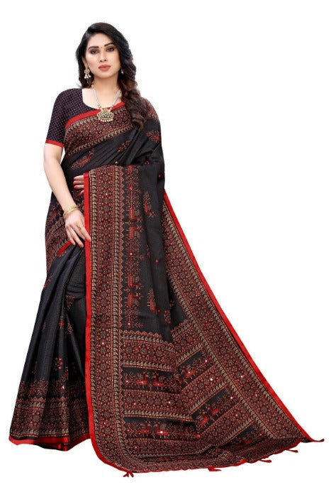 Vamika Black Mirror Work With Jhalar Khadi Silk Saree (AASHI BLACK) | Grocsy