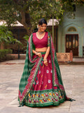 Vastranavya Patola Printed and Foil Work Tussar Silk Lehenga with Unstitched Blouse - Red | Grocsy