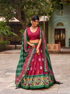 Vastranavya Patola Printed and Foil Work Tussar Silk Lehenga with Unstitched Blouse - Red | Grocsy