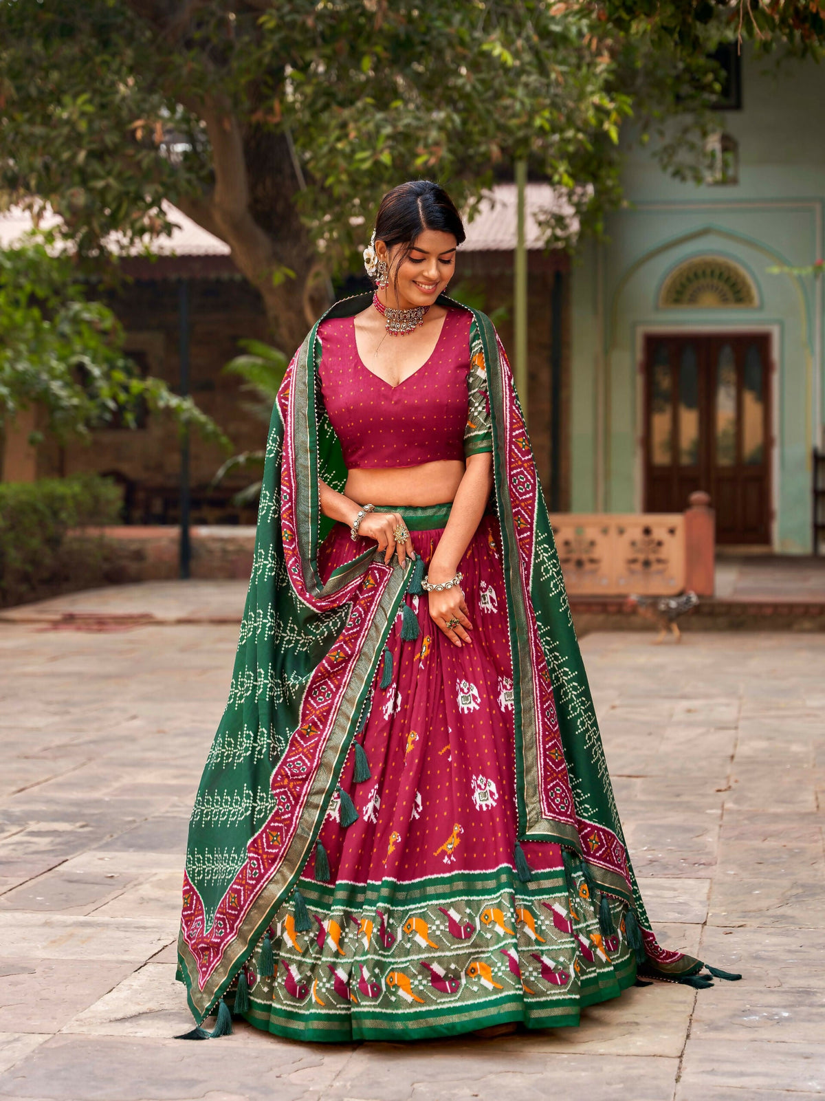 Vastranavya Patola Printed and Foil Work Tussar Silk Lehenga with Unstitched Blouse - Red | Grocsy