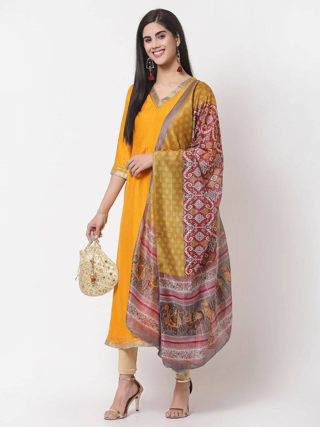 Myshka Yellow Printed Silk Blend 3/4 Sleeve V Neck Casual Kurta Dupatta Set | Grocsy