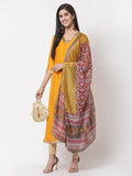 Myshka Yellow Printed Silk Blend 3/4 Sleeve V Neck Casual Kurta Dupatta Set | Grocsy