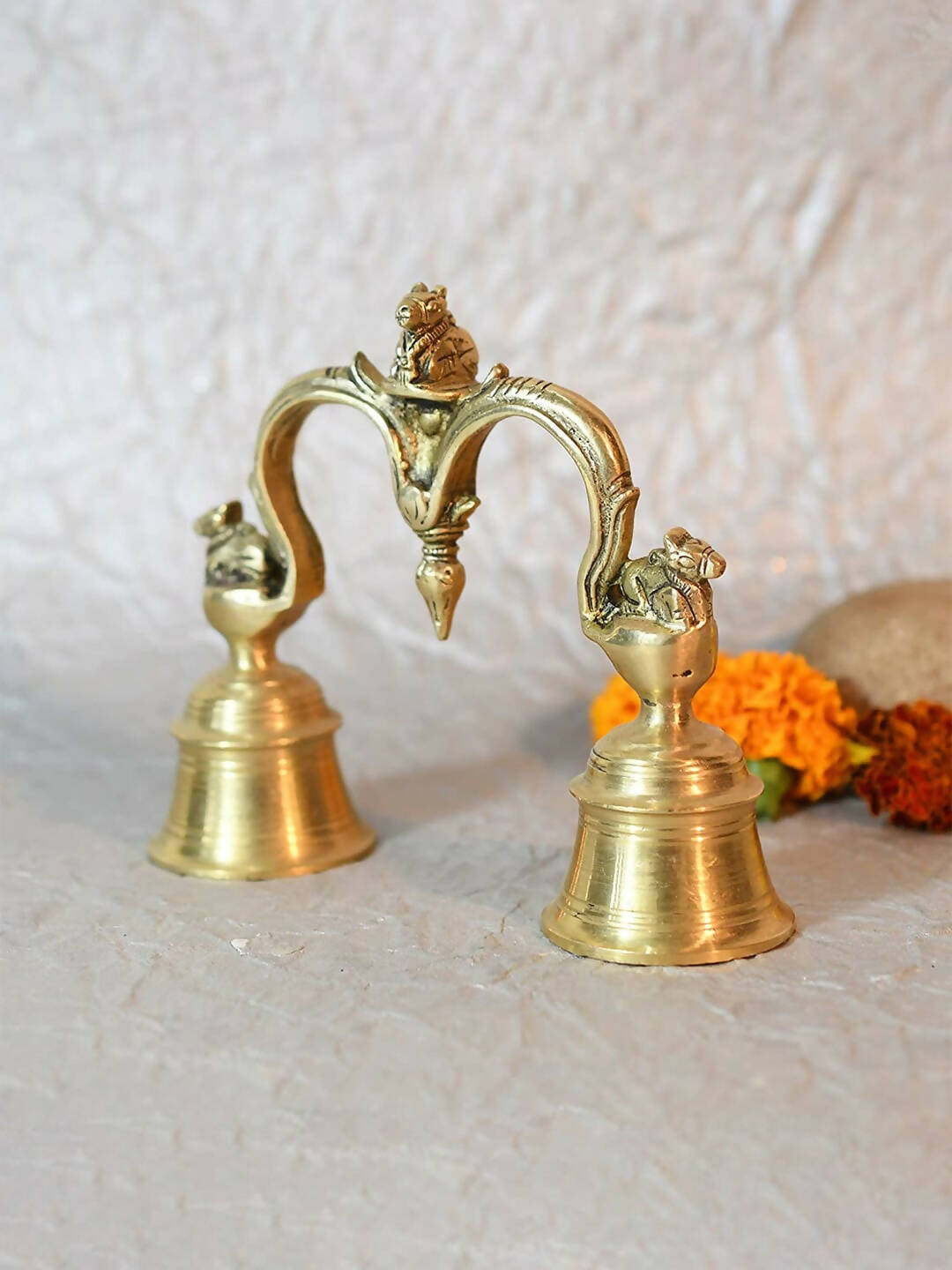 CraftVatika Gold-Toned Brass Hand Held With Nandi Sitting On Top Double Puja Bell | Grocsy