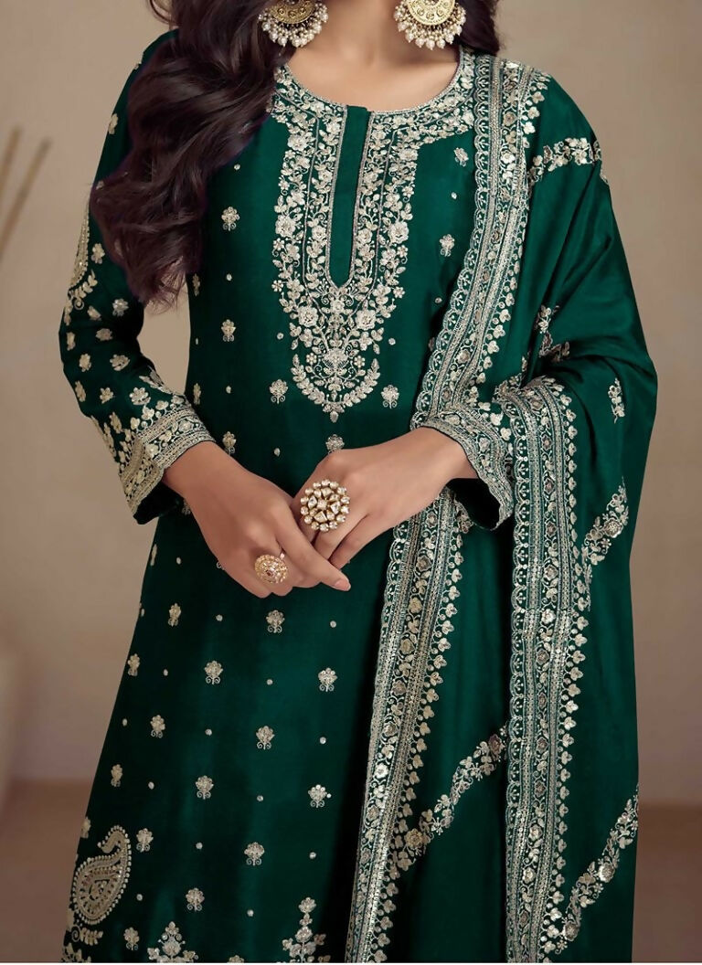 Vastranavya Glamorous Green Chinon Palazzo Suit With Intricate Sequins Embroidery Work with Dupatta | Grocsy
