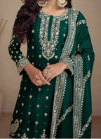 Vastranavya Glamorous Green Chinon Palazzo Suit With Intricate Sequins Embroidery Work with Dupatta | Grocsy