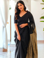 Zibaa Black & Gold Mul Cotton Saree | Grocsy