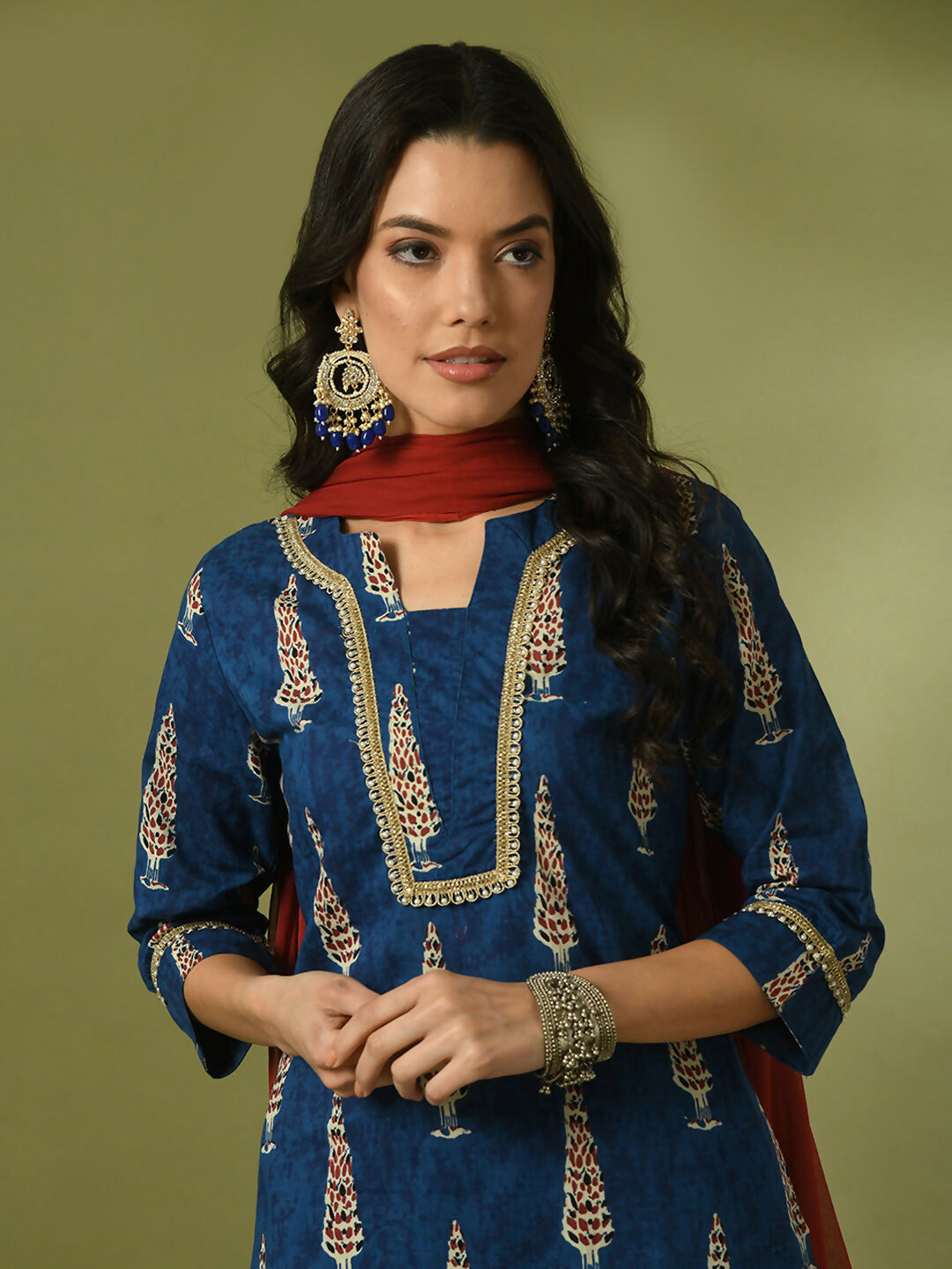 Myshka Women's Blue Printed Cotton Straight Party Kurta Set With Dupatta | Grocsy