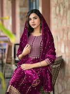 Juniper Women's Wine Ethnic Motif Printed Velvet Kurta Set With Lace | Grocsy