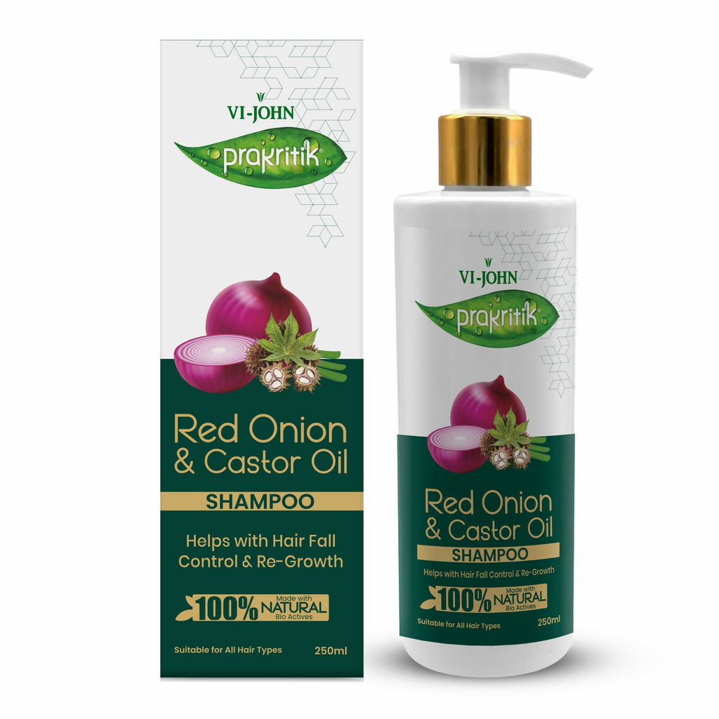 VI-JOHN Prakritik Red Onion & Castor Oil Shampoo Helps with Hair Fall & Re-Growth 100% Bio Actives | Grocsy