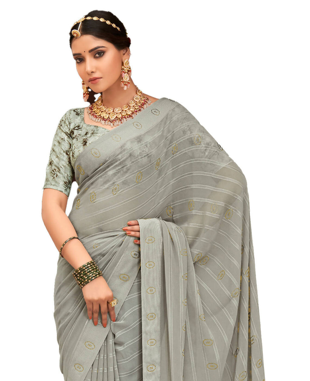 Grey Georgette Swaroski Work Saree With Unstitched Blouse Piece - Juhi | Grocsy