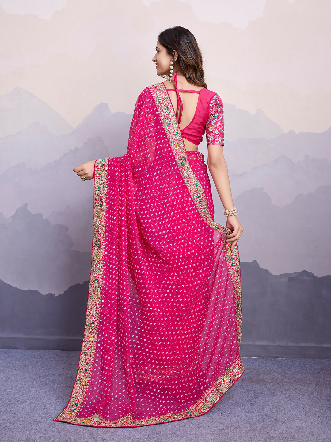 Pink Georgette Bandhani Printed,Embroidery Work Saree - Surkhi | Grocsy