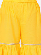 Little Bansi Girls Cotton Gotta Patti Kurta frock with Sharara & Dupatta - Yellow | Grocsy