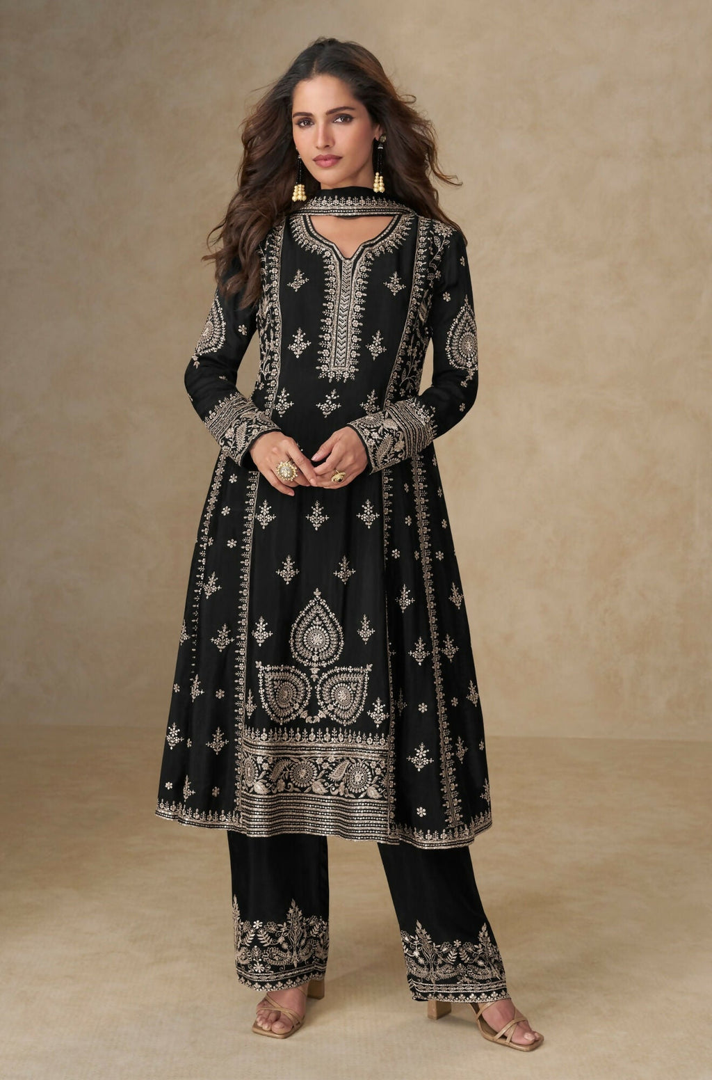 Anaita Black Chinon Silk Stitched Suit with Embroidery & Sequence Work | Grocsy