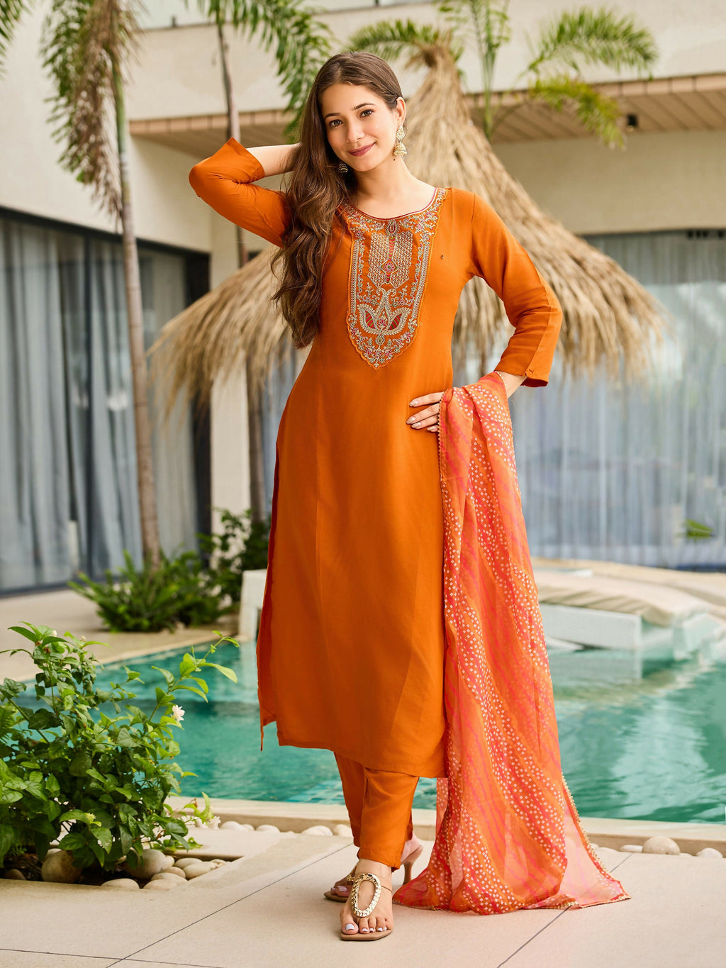 The52 Rust Women's Gorgeous Embroidered work Rayon Fabric Straight Kurta, Pant and Dupatta Set | Grocsy